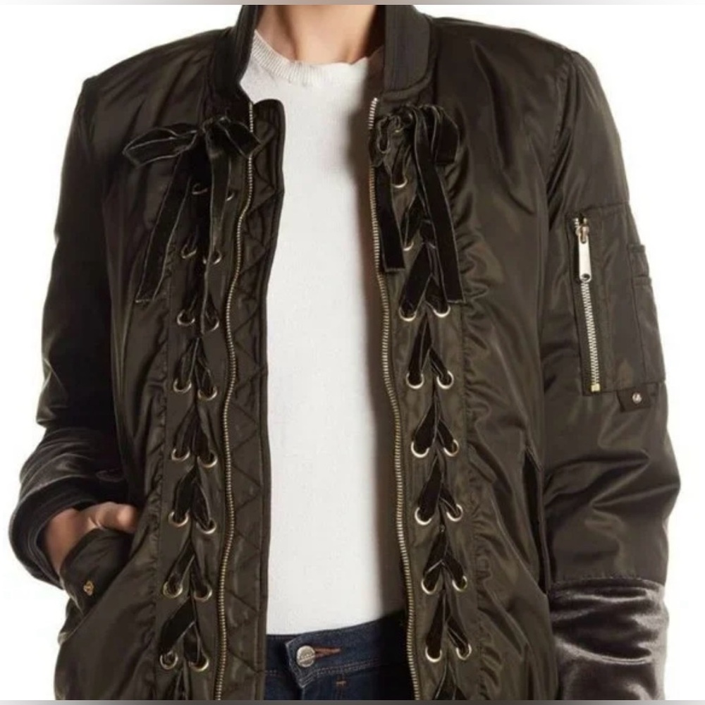 Sam Edelman Front-Zip Lace Up Bomber Jacket in Olive